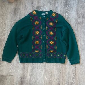 Vintage MS Russ Green Patterned Women's Sweater cardigan wool 3x